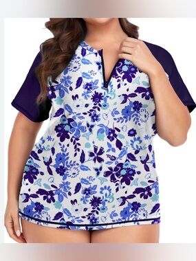 New Women’s Short Sleeve 1/2 Zip Blue Floral Rash Guard Swim Top / 3XL